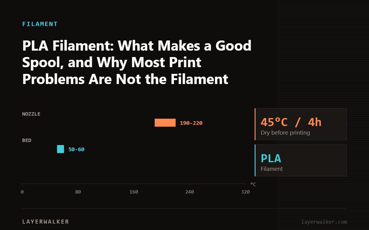 Temperature chart for PLA: nozzle 190 to 220 C, bed 50 to 60 C, dry at 45 C for 4 hours.
