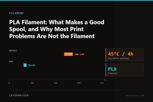 Temperature chart for PLA: nozzle 190 to 220 C, bed 50 to 60 C, dry at 45 C for 4 hours.