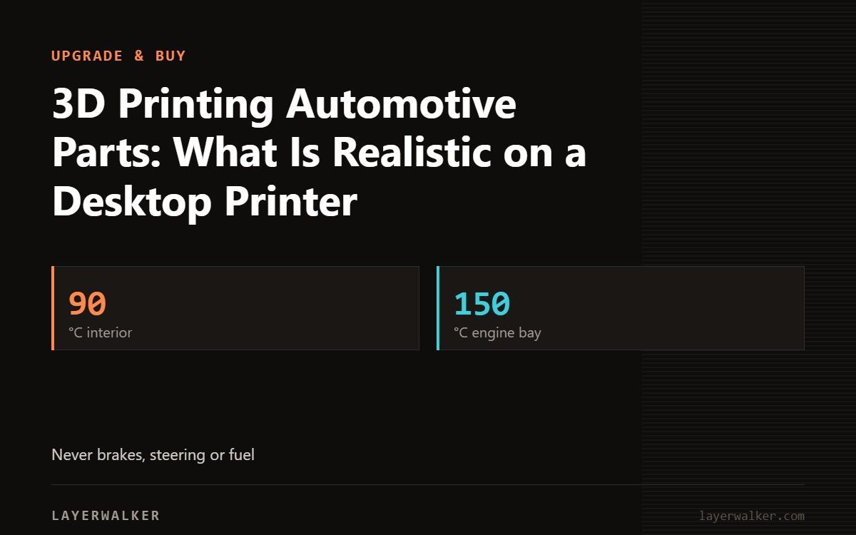 Key figures for 3D Printing Automotive Parts: What Is Realistic on a Desktop Printer: 90 °C interior, 150 °C engine bay.