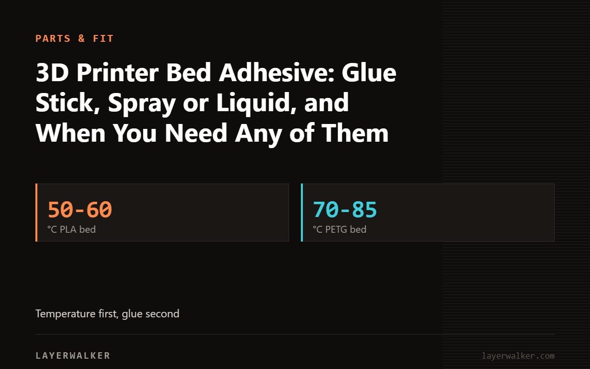 Key figures for 3D Printer Bed Adhesive: Glue Stick, Spray or Liquid, and When You Need Any of Them: 50-60 °C PLA bed, 70-85 °C PETG bed.