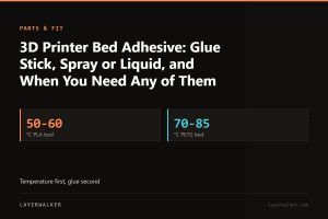 Key figures for 3D Printer Bed Adhesive: Glue Stick, Spray or Liquid, and When You Need Any of Them: 50-60 °C PLA bed, 70-85 °C PETG bed.