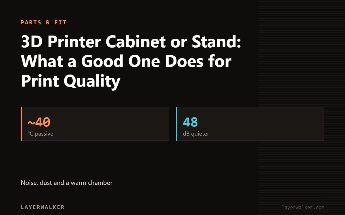 Key figures for 3D Printer Cabinet or Stand: What a Good One Does for Print Quality: ~40 °C passive, 48 dB quieter.