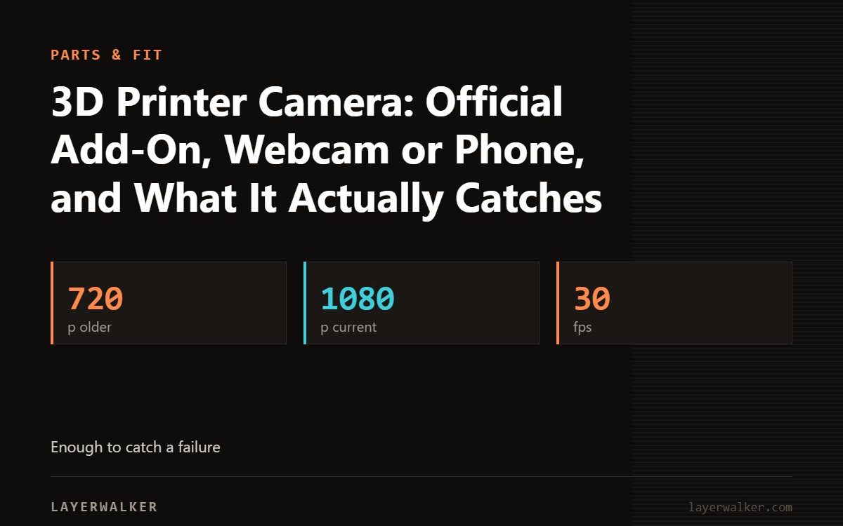 Key figures for 3D Printer Camera: Official Add-On, Webcam or Phone, and What It Actually Catches: 720 p older, 1080 p current, 30 fps.