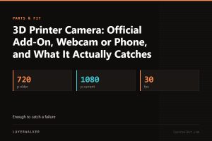 Key figures for 3D Printer Camera: Official Add-On, Webcam or Phone, and What It Actually Catches: 720 p older, 1080 p current, 30 fps.