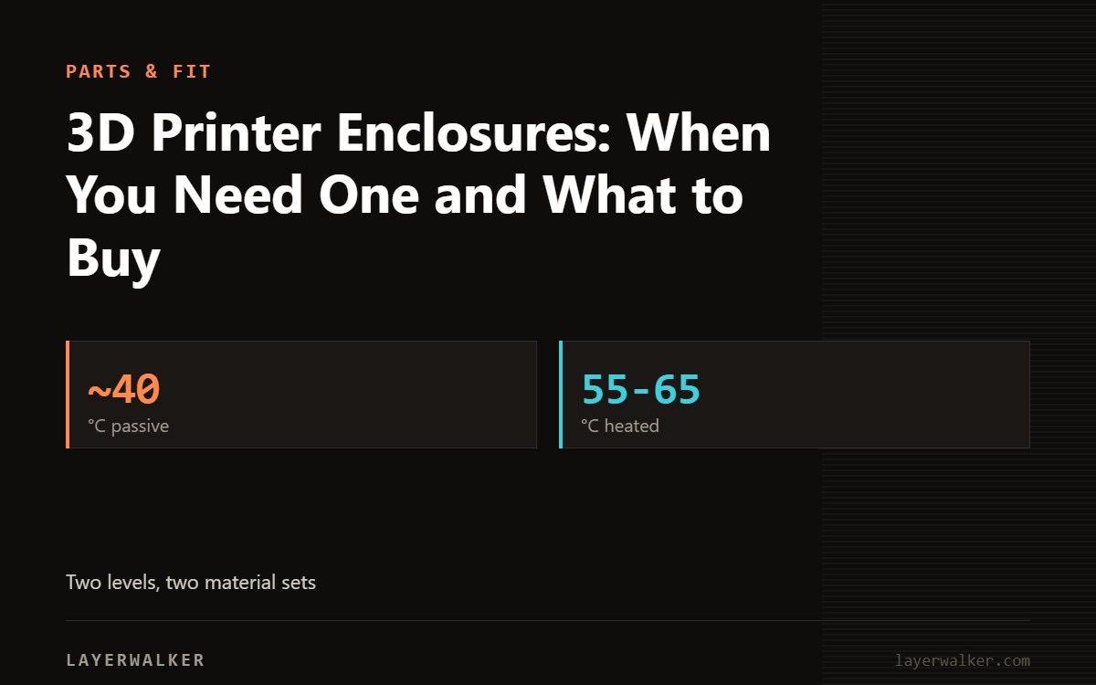Key figures for 3D Printer Enclosures: When You Need One and What to Buy: ~40 °C passive, 55-65 °C heated.