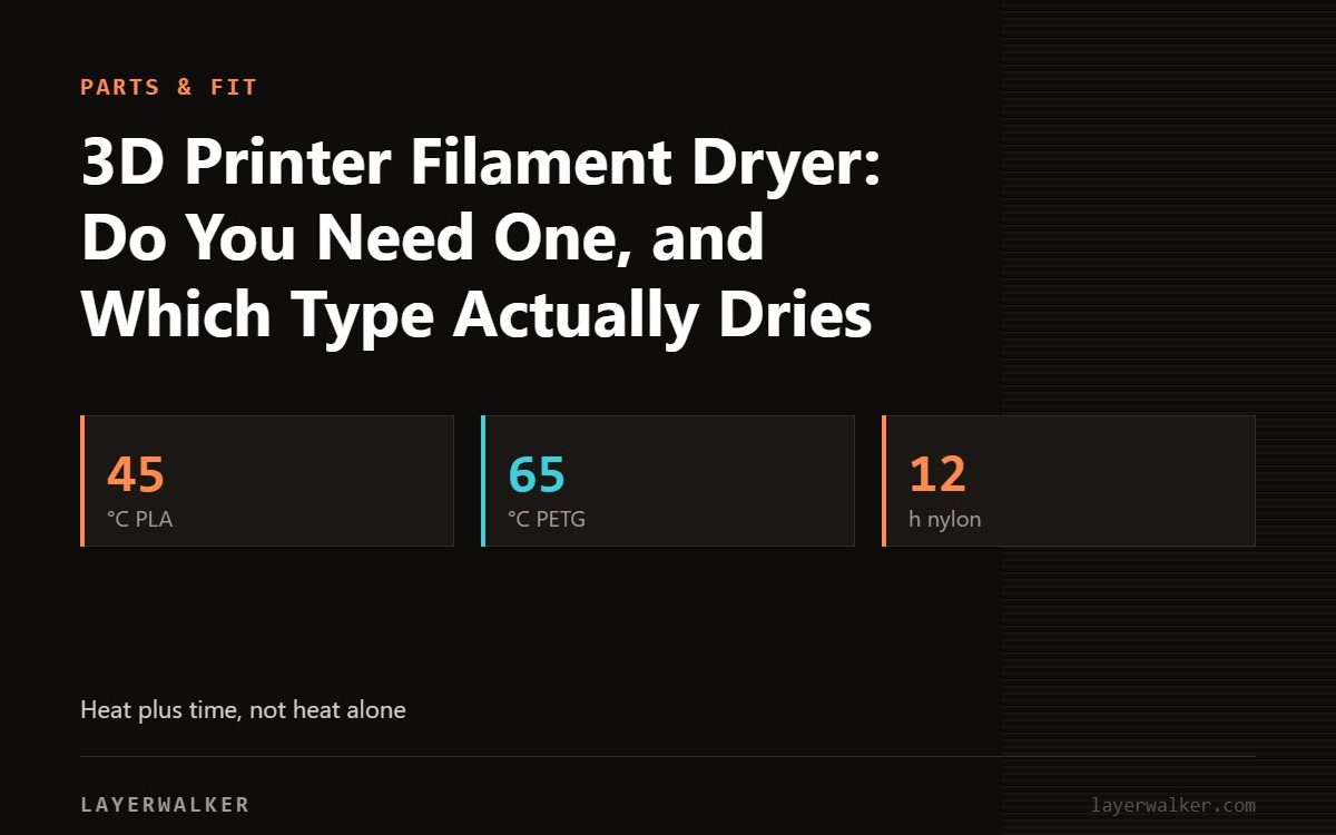 Key figures for 3D Printer Filament Dryer: Do You Need One, and Which Type Actually Dries: 45 °C PLA, 65 °C PETG, 12 h nylon.