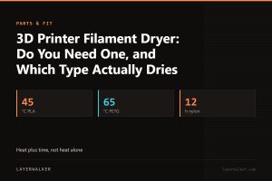 Key figures for 3D Printer Filament Dryer: Do You Need One, and Which Type Actually Dries: 45 °C PLA, 65 °C PETG, 12 h nylon.