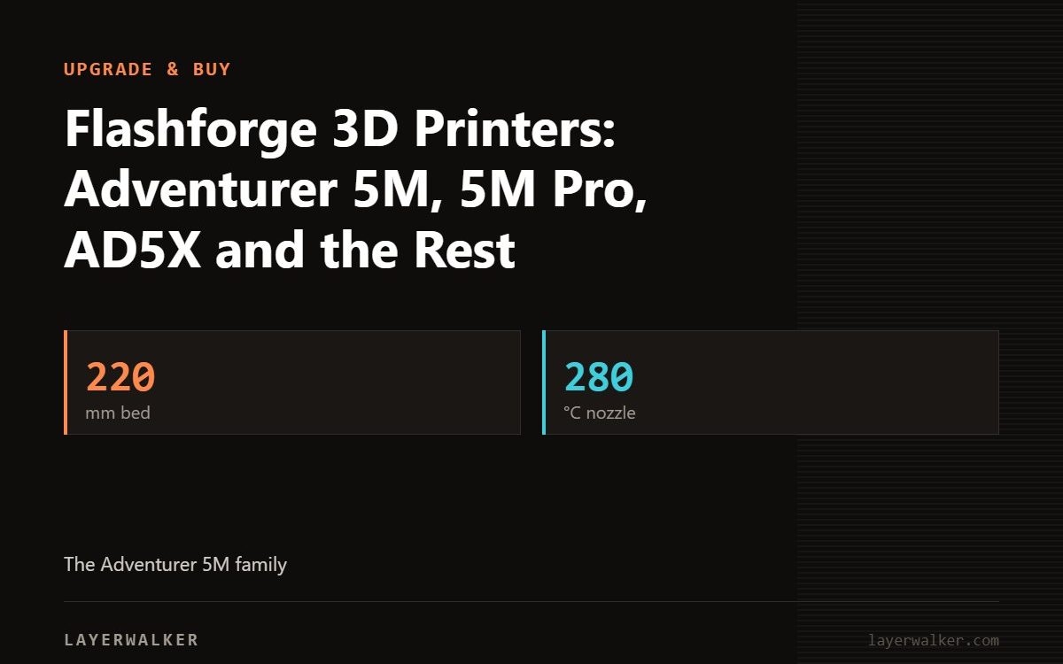 Key figures for Flashforge 3D Printers: Adventurer 5M, 5M Pro, AD5X and the Rest: 220 mm bed, 280 °C nozzle.