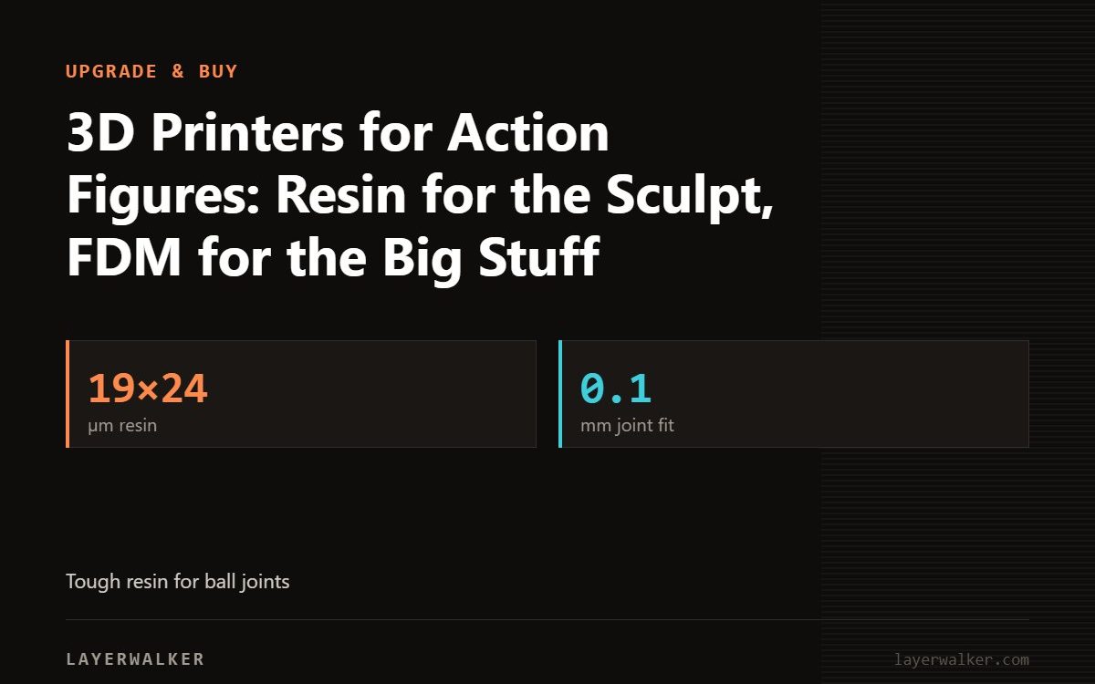 Key figures for 3D Printers for Action Figures: Resin for the Sculpt, FDM for the Big Stuff: 19×24 µm resin, 0.1 mm joint fit.
