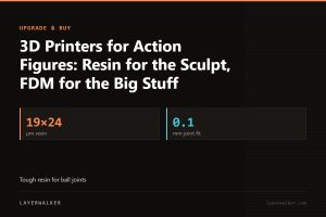 Key figures for 3D Printers for Action Figures: Resin for the Sculpt, FDM for the Big Stuff: 19×24 µm resin, 0.1 mm joint fit.