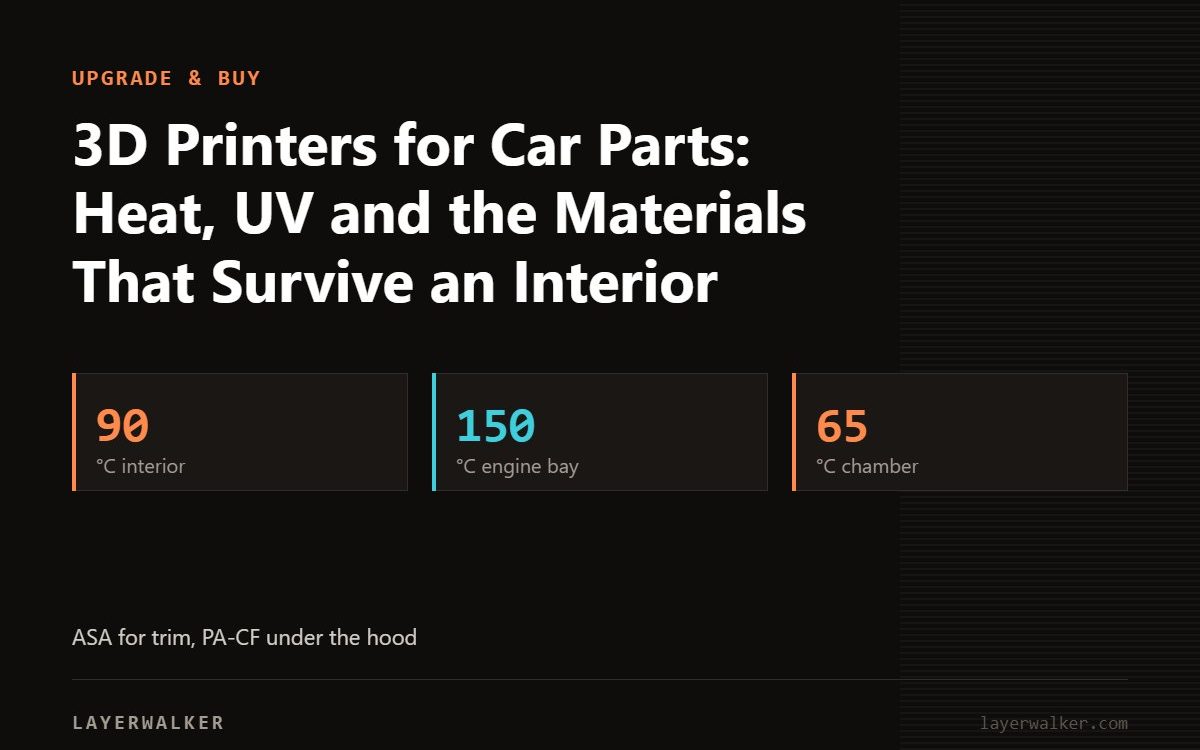 Key figures for 3D Printers for Car Parts: Heat, UV and the Materials That Survive an Interior: 90 °C interior, 150 °C engine bay, 65 °C chamber.