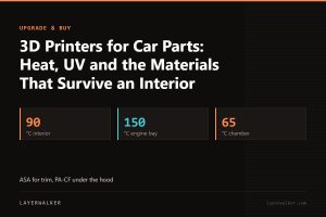 Key figures for 3D Printers for Car Parts: Heat, UV and the Materials That Survive an Interior: 90 °C interior, 150 °C engine bay, 65 °C chamber.