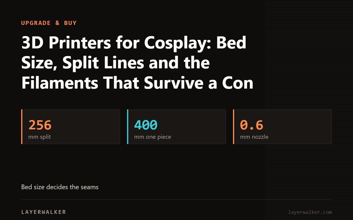 Key figures for 3D Printers for Cosplay: Bed Size, Split Lines and the Filaments That Survive a Con: 256 mm split, 400 mm one piece, 0.6 mm nozzle.