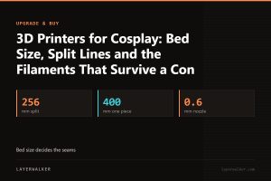 Key figures for 3D Printers for Cosplay: Bed Size, Split Lines and the Filaments That Survive a Con: 256 mm split, 400 mm one piece, 0.6 mm nozzle.