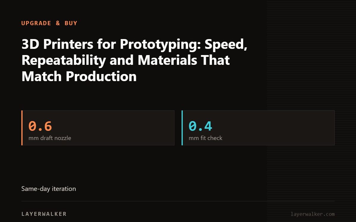Key figures for 3D Printers for Prototyping: Speed, Repeatability and Materials That Match Production: 0.6 mm draft nozzle, 0.4 mm fit check.