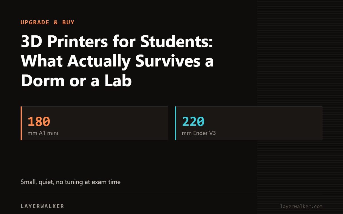Key figures for 3D Printers for Students: What Actually Survives a Dorm or a Lab: 180 mm A1 mini, 220 mm Ender V3.