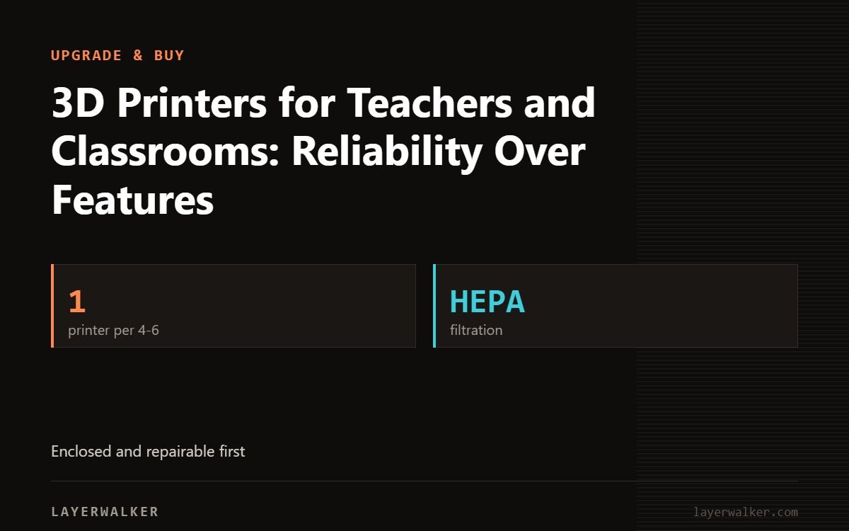 Key figures for 3D Printers for Teachers and Classrooms: Reliability Over Features: 1 printer per 4-6, HEPA filtration.