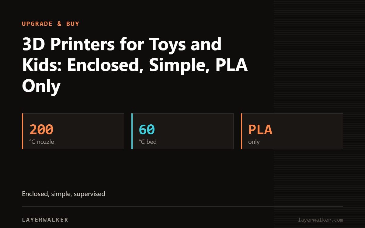 Key figures for 3D Printers for Toys and Kids: Enclosed, Simple, PLA Only: 200 °C nozzle, 60 °C bed, PLA only.