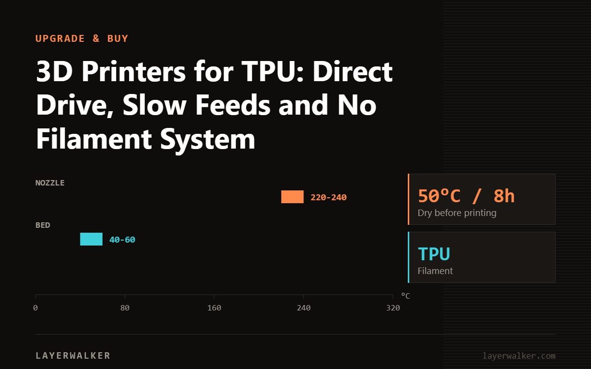 Temperature chart for TPU: nozzle 220 to 240 C, bed 40 to 60 C, dry at 50 C for 8 hours.