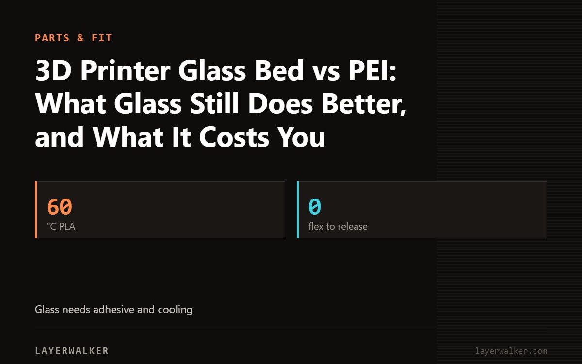 Key figures for 3D Printer Glass Bed vs PEI: What Glass Still Does Better, and What It Costs You: 60 °C PLA, 0 flex to release.