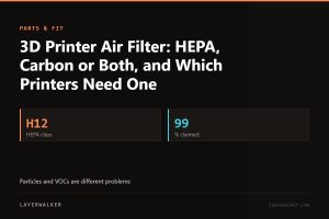 Key figures for 3D Printer Air Filter: HEPA, Carbon or Both, and Which Printers Need One: H12 HEPA class, 99 % claimed.