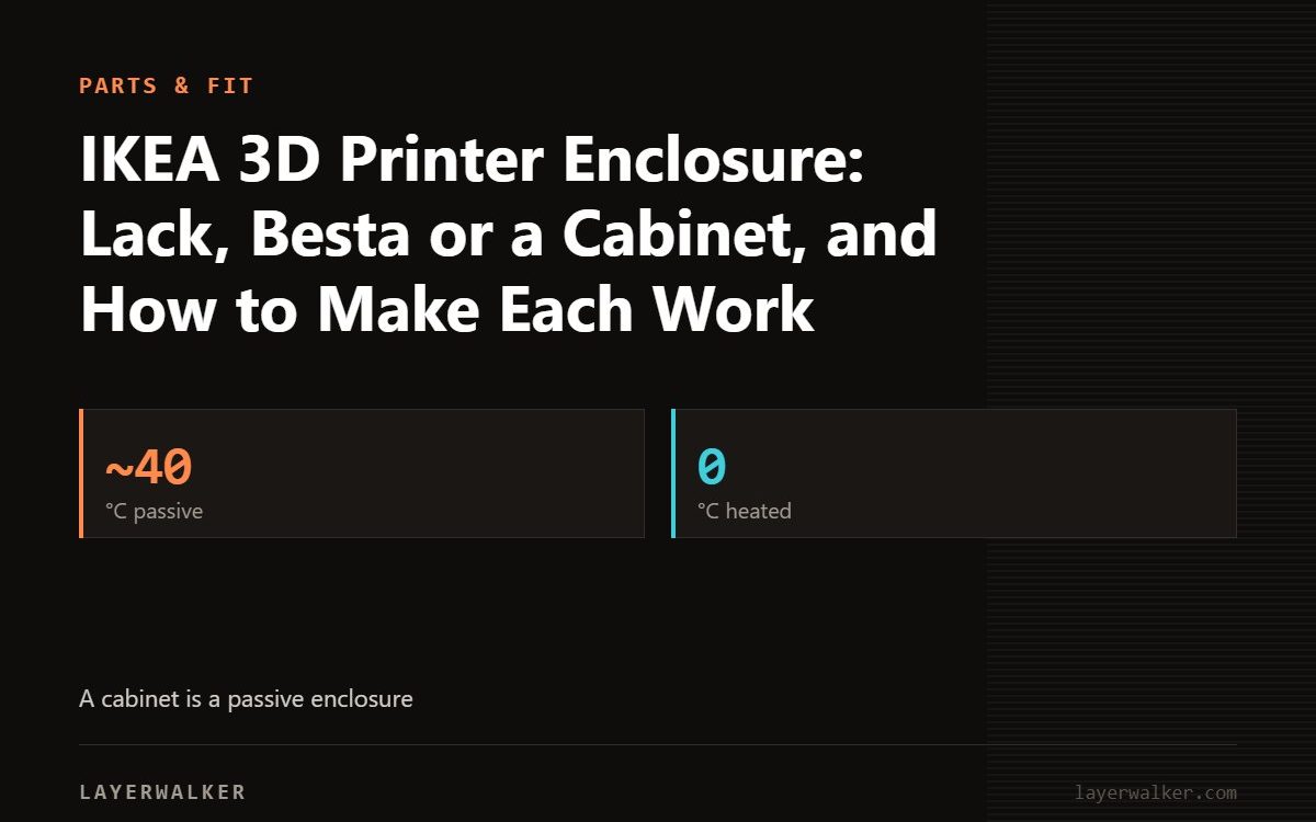 Key figures for IKEA 3D Printer Enclosure: Lack, Besta or a Cabinet, and How to Make Each Work: ~40 °C passive, 0 °C heated.