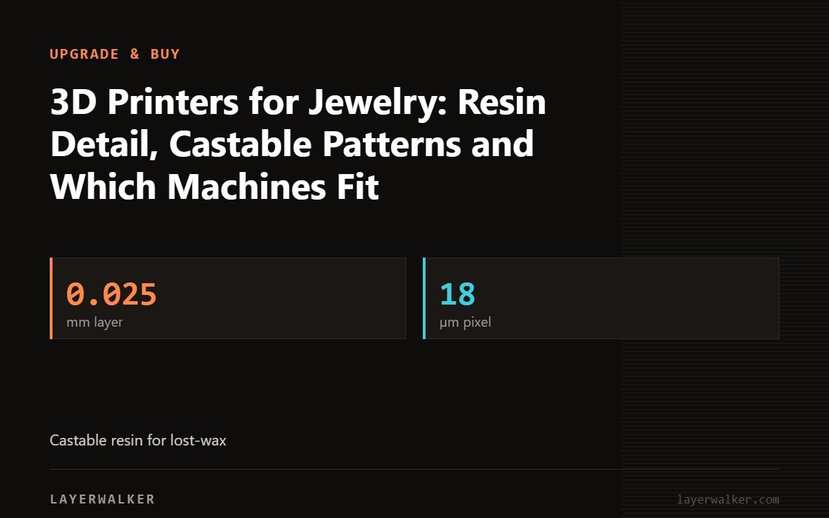 Key figures for 3D Printers for Jewelry: Resin Detail, Castable Patterns and Which Machines Fit: 0.025 mm layer, 18 µm pixel.