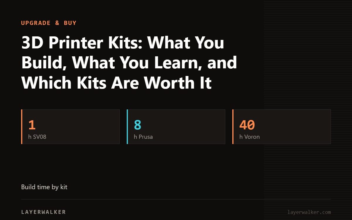 Key figures for 3D Printer Kits: What You Build, What You Learn, and Which Kits Are Worth It: 1 h SV08, 8 h Prusa, 40 h Voron.