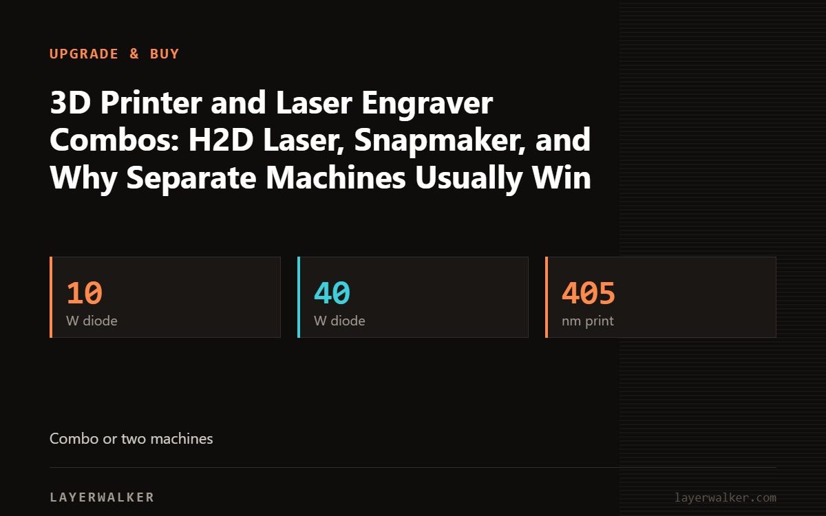 Key figures for 3D Printer and Laser Engraver Combos: H2D Laser, Snapmaker, and Why Separate Machines Usually Win: 10 W diode, 40 W diode, 405 nm print.