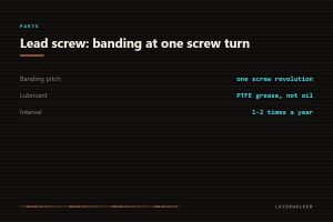 3D printer lead screw maintenance: banding appears at the pitch of one screw revolution, use PTFE grease rather than oil, and relubricate once or twice a year.