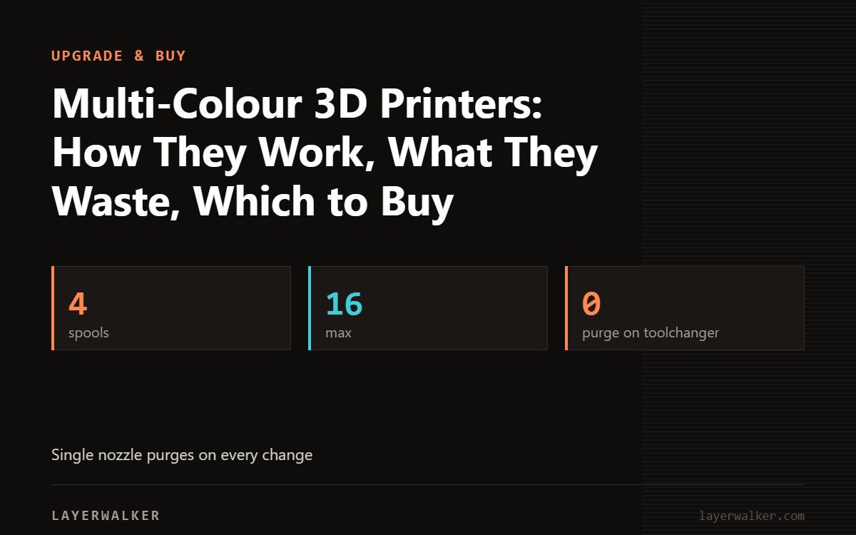 Key figures for Multi-Colour 3D Printers: How They Work, What They Waste, Which to Buy: 4 spools, 16 max, 0 purge on toolchanger.