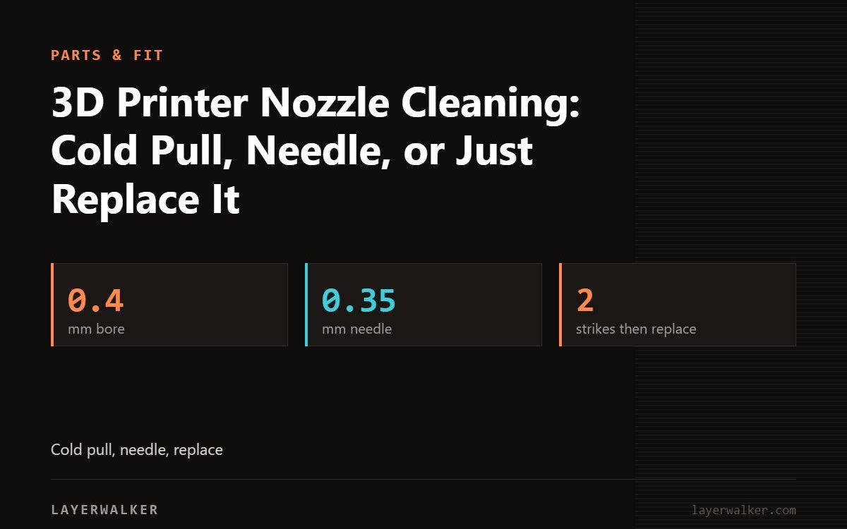 Key figures for 3D Printer Nozzle Cleaning: Cold Pull, Needle, or Just Replace It: 0.4 mm bore, 0.35 mm needle, 2 strikes then replace.
