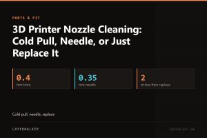 Key figures for 3D Printer Nozzle Cleaning: Cold Pull, Needle, or Just Replace It: 0.4 mm bore, 0.35 mm needle, 2 strikes then replace.