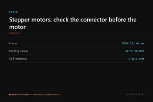 3D printer stepper motors: NEMA 17 describes the 42 mm mounting face, holding torque runs 40 to 60 Ncm, and each coil should read between 1 and 5 ohm.
