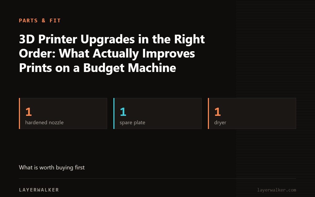 Key figures for 3D Printer Upgrades in the Right Order: What Actually Improves Prints on a Budget Machine: 1 hardened nozzle, 1 spare plate, 1 dryer.
