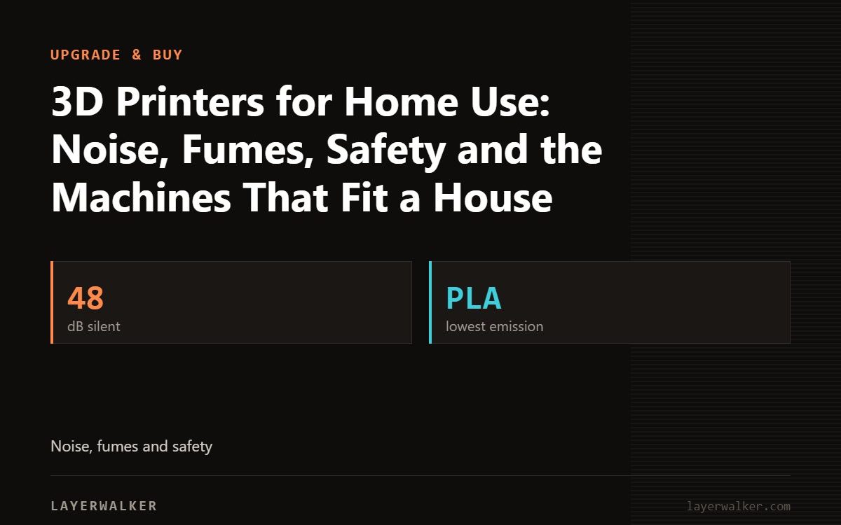 Key figures for 3D Printers for Home Use: Noise, Fumes, Safety and the Machines That Fit a House: 48 dB silent, PLA lowest emission.
