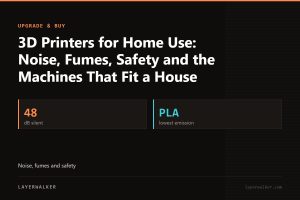 Key figures for 3D Printers for Home Use: Noise, Fumes, Safety and the Machines That Fit a House: 48 dB silent, PLA lowest emission.