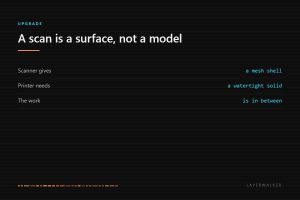 A 3D scanner produces a mesh shell while a printer needs a watertight solid, and the work of scan-to-print happens between those two states.