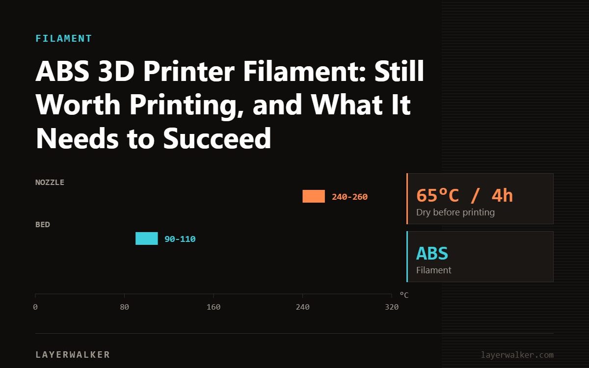 Temperature chart for ABS: nozzle 240 to 260 C, bed 90 to 110 C, dry at 65 C for 4 hours.