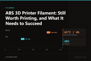 Temperature chart for ABS: nozzle 240 to 260 C, bed 90 to 110 C, dry at 65 C for 4 hours.