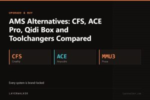 Key figures for AMS Alternatives: CFS, ACE Pro, Qidi Box and Toolchangers Compared: CFS Creality, ACE Anycubic, MMU3 Prusa.