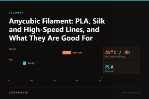 Temperature chart for PLA: nozzle 190 to 220 C, bed 50 to 60 C, dry at 45 C for 4 hours.