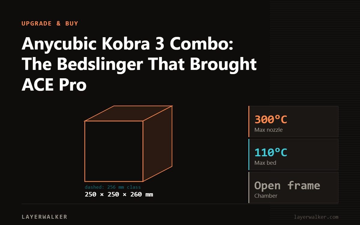 Diagram: Kobra 3 build volume 250 by 250 by 260 mm, shown against a 256 mm class reference, with max nozzle 300 C and max bed 110 C.