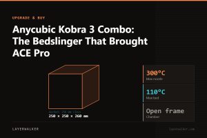 Diagram: Kobra 3 build volume 250 by 250 by 260 mm, shown against a 256 mm class reference, with max nozzle 300 C and max bed 110 C.