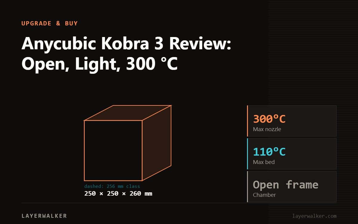 Diagram: Kobra 3 build volume 250 by 250 by 260 mm against a 256 mm class reference, with max nozzle 300 C and max bed 110 C.