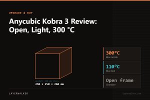 Diagram: Kobra 3 build volume 250 by 250 by 260 mm against a 256 mm class reference, with max nozzle 300 C and max bed 110 C.