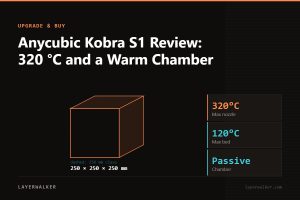 Diagram: Kobra S1 build volume 250 by 250 by 250 mm against a 256 mm class reference, with max nozzle 320 C and max bed 120 C.