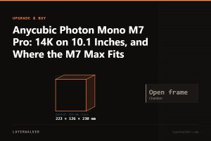 Diagram: Photon Mono M7 Pro build volume 223 by 126 by 230 mm, shown against a 256 mm class reference, with max nozzle n/a C and max bed n/a C.
