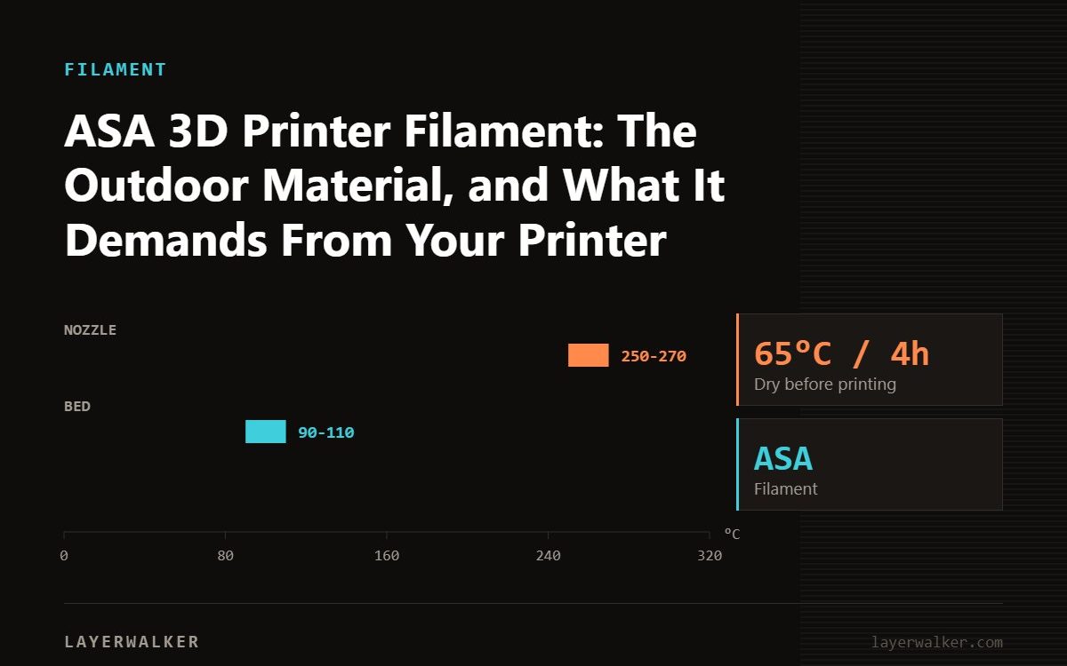 Temperature chart for ASA: nozzle 250 to 270 C, bed 90 to 110 C, dry at 65 C for 4 hours.