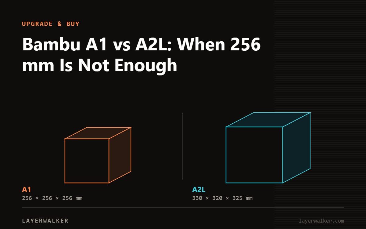Diagram comparing build volumes at the same scale: A1 at 256 by 256 by 256 mm and A2L at 330 by 320 by 325 mm.